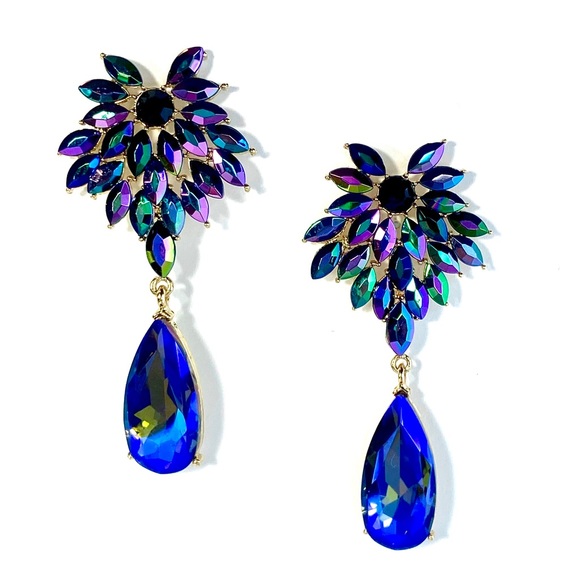 Prom Pageant Bridal Jewelry - Gorgeous Blue Green Purple Iridescent Crystal Drop Dangle Statement Earrings
